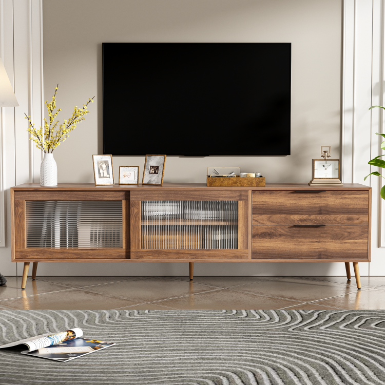Modern Tv Stand For 75" Tv, Tv Console With 2 Glass Doors, Entertainment Center With 2 Drawers & Storage Cabinet, 70" Media Console Table For Living Room, Bedroom