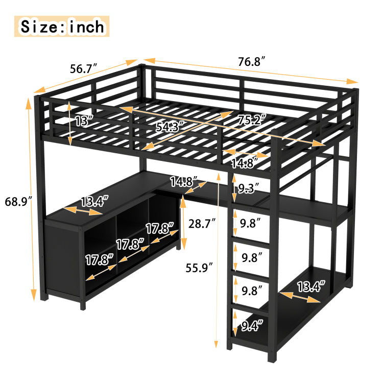 Metal Loft Bed With Wardrobe And L Shaped Desk, Full Size Loft Bed With Storage Cubes And Shelves, Loft Bed For Kids Teens Adults, Black