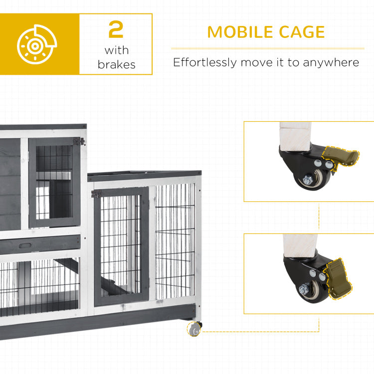 Pawhut Wooden Rabbit Hutch Elevated Bunny Cage Indoor Small Animal Habitat With Enclosed Run With Wheels, Ramp, Removable Tray Ideal For Guinea Pigs, Grey
