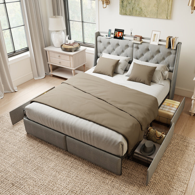 Queen Metal Platform Bed Frame Grey, Storage Headboard With Rgb Led & Charging Station