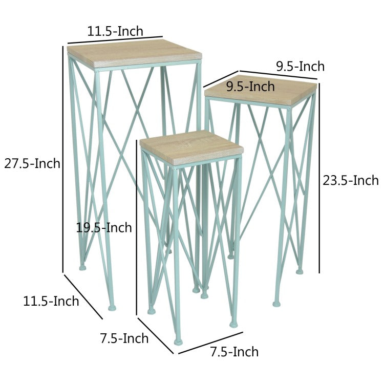 Mito 3Pc Nesting Plant Stand Table, Brown Wood Top, X Cross Blue Metal