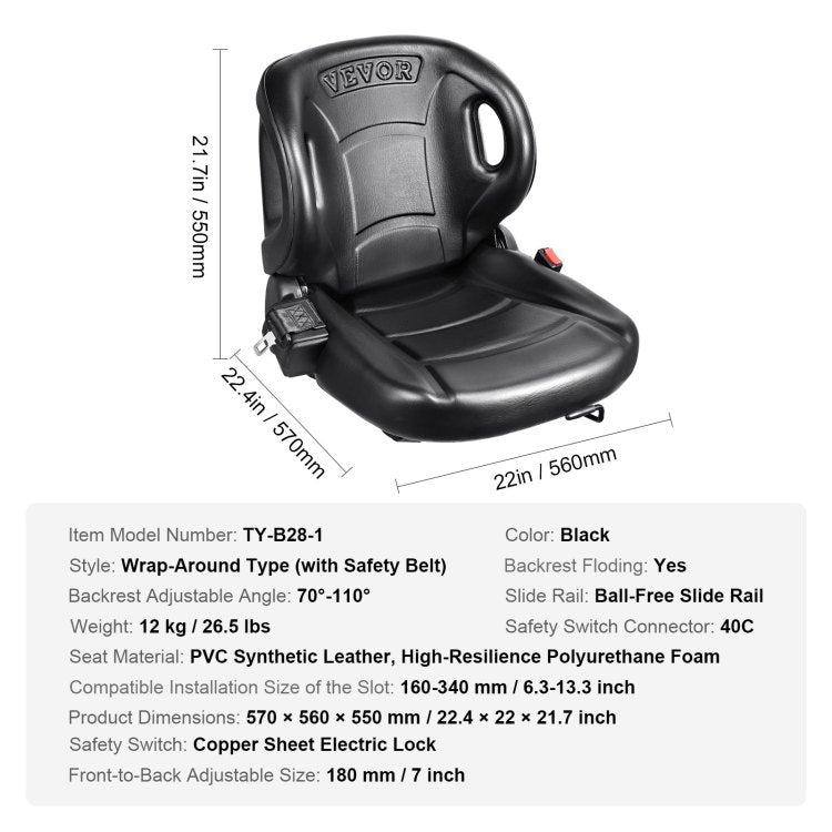 Universal Forklift Seat,Tractor Seat With Adjustable Angle Back, Micro Switch And Seatbelt,Wrap Around Forklift Seat For Tractor Loader Excavator