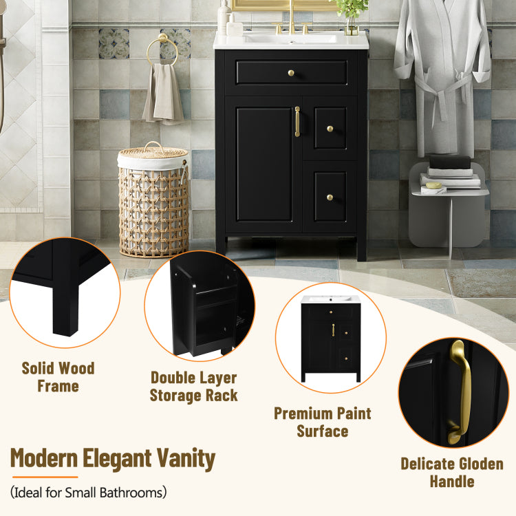 24 Inch Bathroom Vanity With Ceramic Sink, 1 Soft Close Door, 2 Soft Close Drawers, And Double Storage Racks On The Door