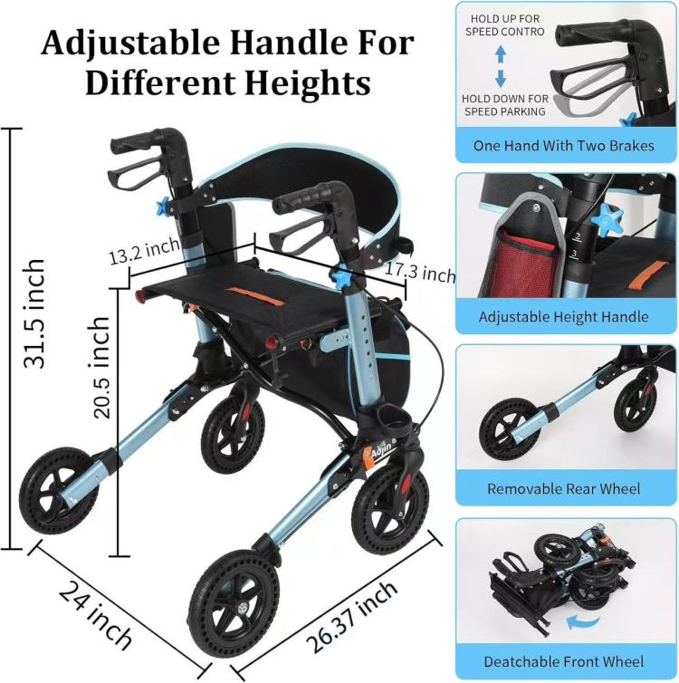 Rollator Walker For Seniors, Lightweight Foldable All Terrain Rolling Walker With Seat, Aluminum Walkers With 8 Inch Rubber Wheels, Handles And Backrest For Seniors And Adult Blue