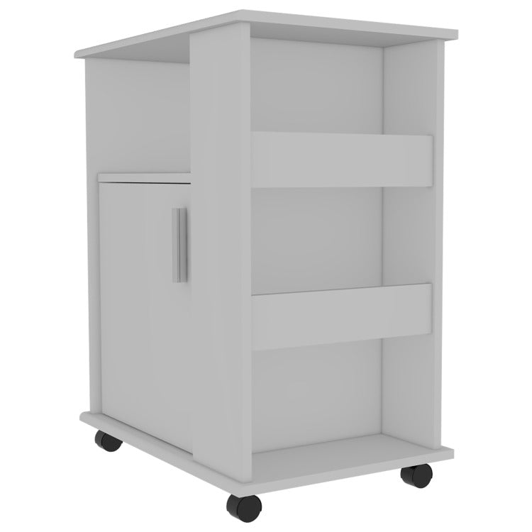 Lower Microwave Pantry 29" H, Single Door Cabinet, One Open Shelf, Three Side Shelves, White