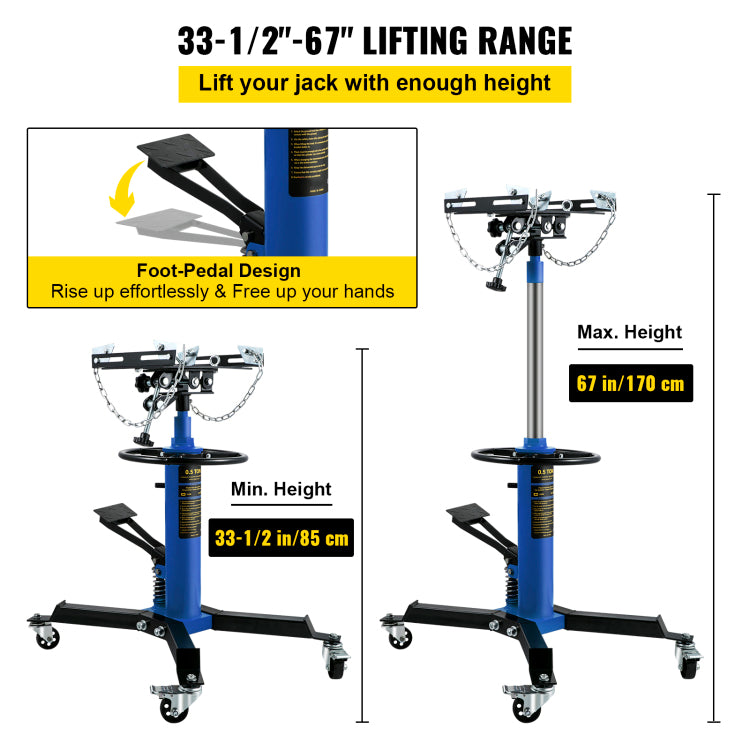 Transmission Jack, 33" 67" High Lift, 1100 Lbs Hydraulic Telescoping Transmission Jack, 2 Stage Floor Jack Stand 1 2 Ton Capacity With Foot Pedal, 360 Swivel Wheel, Garage Shop Lift Hoist