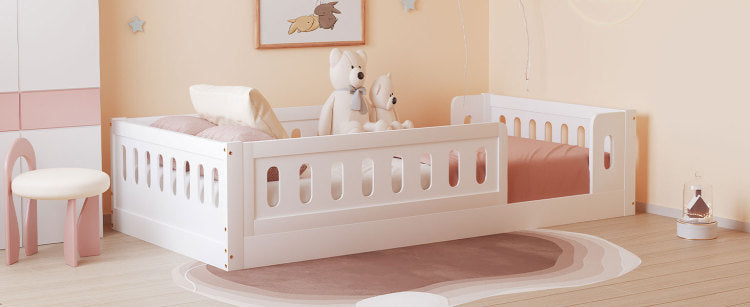 Wood Twin Size Platform Bed With Guardrail, White