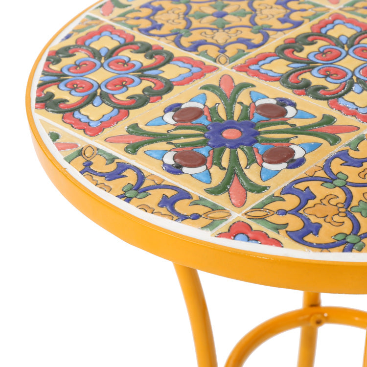 Outdoor Side Table With Tile Mosaic Table Top And Metal Legs, Yellow