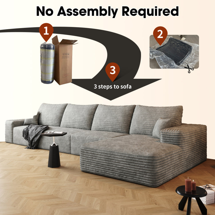 135" Cloud Sectional Couch With L Shape Chaise,Modern Modular Sofa With Deep Seat, Upholstered Couches For Living Room Bedroom,No Assembly Required,Grey Plush Corduroy Fabric