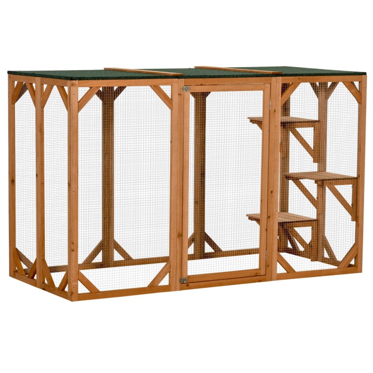 Pawhut Outdoor Cat House, Catio Wooden Feral Cat Shelter, Cat Cage With Platforms, Large Enter Door, Weather Protection Asphalt Roof, 71" L, Orange