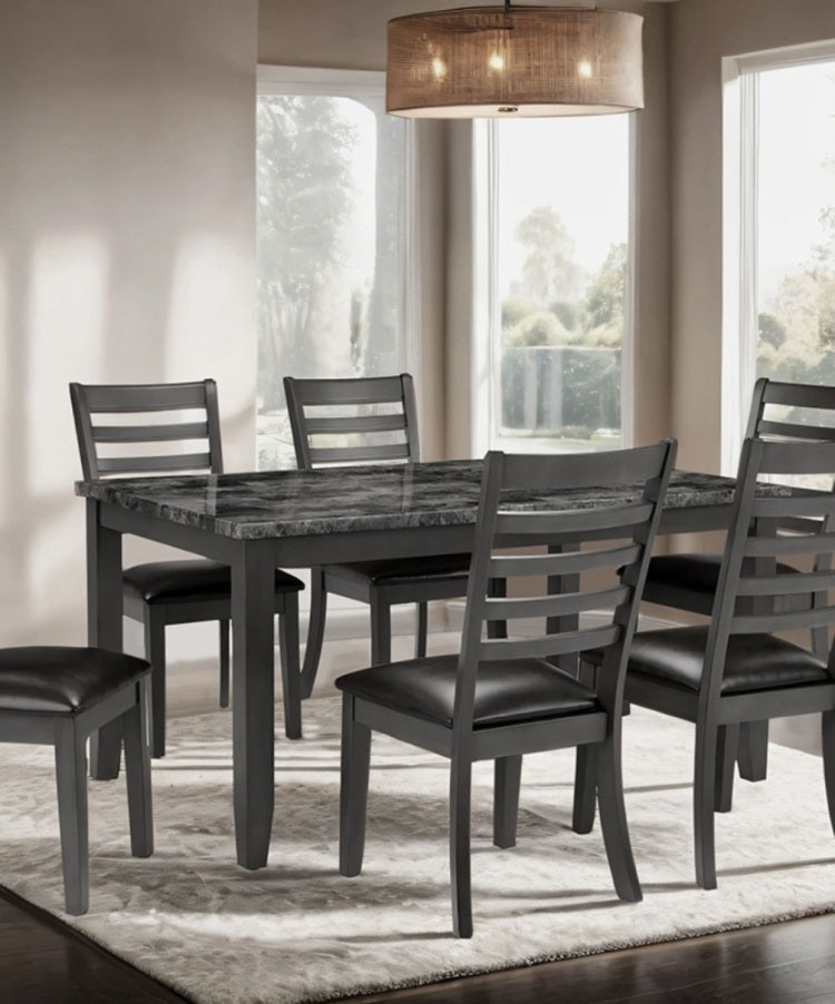 Simple Classic Dark Gray 7Pc Dining Set Faux Marble Top Dining Table 6Xside Chairs Fabric Seats Dining Room Furniture
