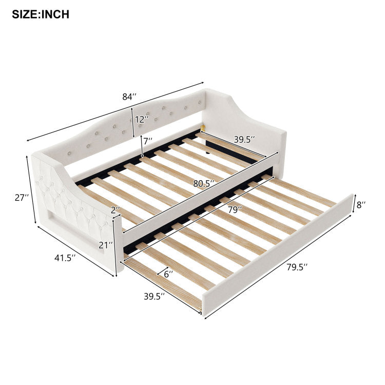 Upholstered Twin Xl Size Daybed With Led Belt And Trundle, Beige