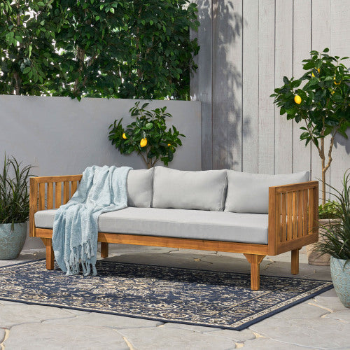 Acacia Wood Patio Furniture Set,Outdoor 3 Seater Daybed With Water Resistant Thick Cushions And Round Coffee Table, Light Gray Cushion