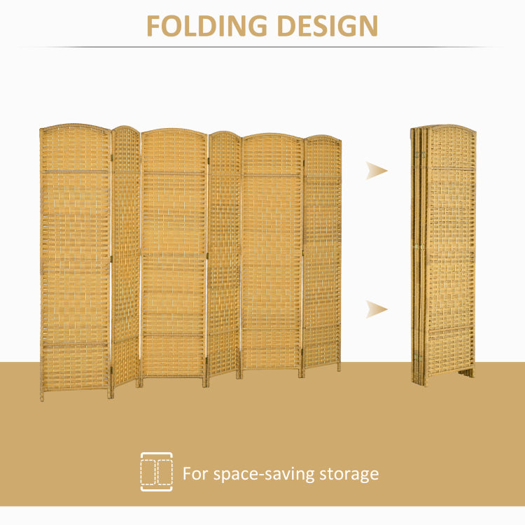 Homcom 6 Panel Room Divider, 6' Tall Folding Privacy Screen, Hand Woven Freestanding Wall Partition For Home Office, Bedroom, Nature Wood
