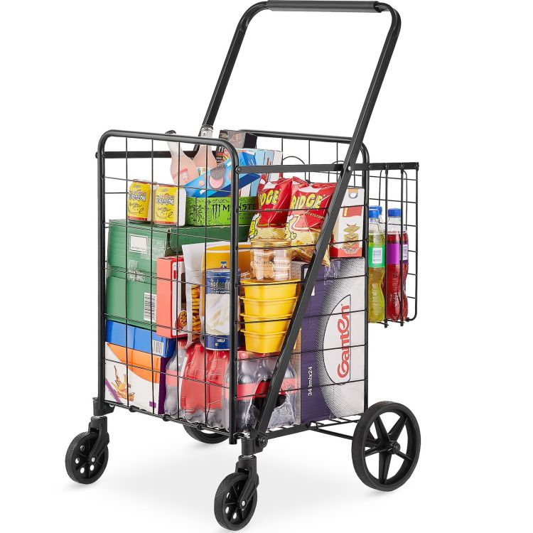 Folding Shopping Cart, Jumbo Grocery Cart With Double Baskets, 360 Swivel Wheels, Heavy Duty Utility Cart, 110 Lbs Large Capacity Utility Cart For Laundry, Shopping, Grocery, Luggage