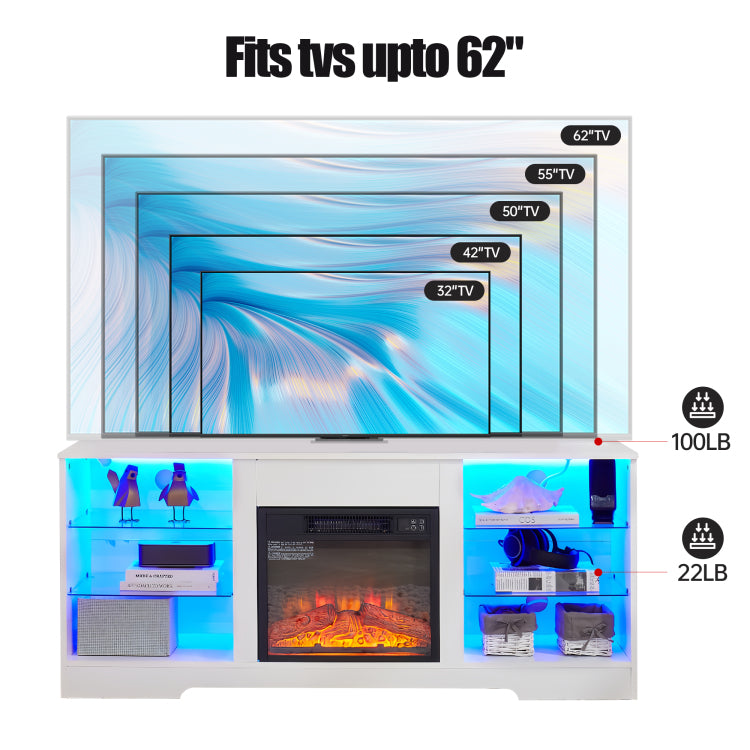 Tv Stand Electric Fireplace Tv Stand With Glass Shelves, 3D Fireplace Tv Stand With Led Lights Wood With Usb Charging Outlet Modern Television Table Center For Tv Up To 32 62" White