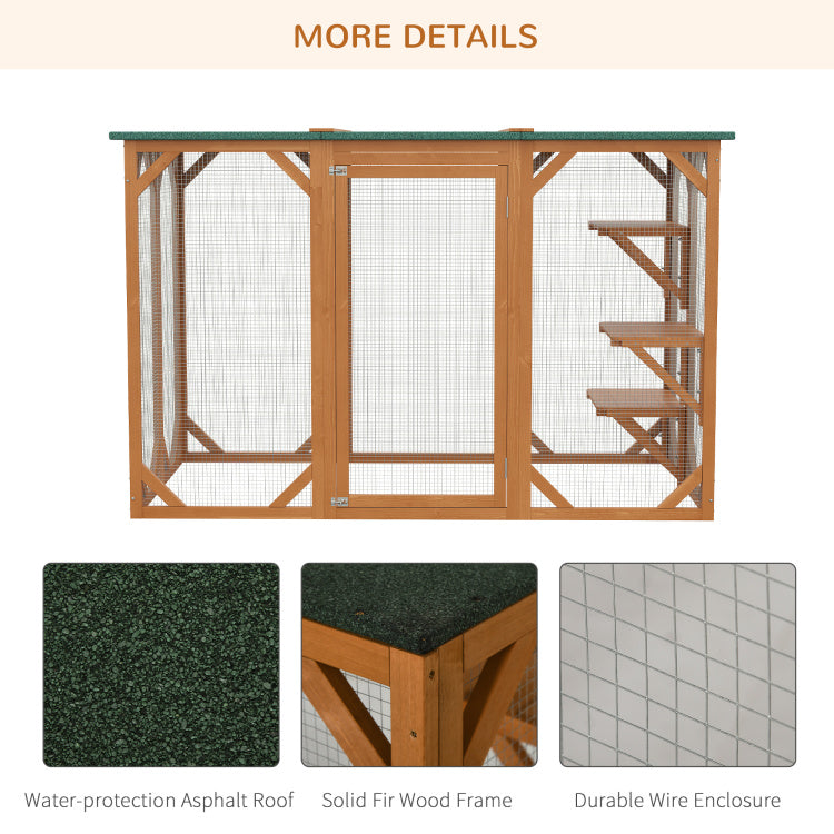 Pawhut Outdoor Cat House, Catio Wooden Feral Cat Shelter, Cat Cage With Platforms, Large Enter Door, Weather Protection Asphalt Roof, 71" L, Orange