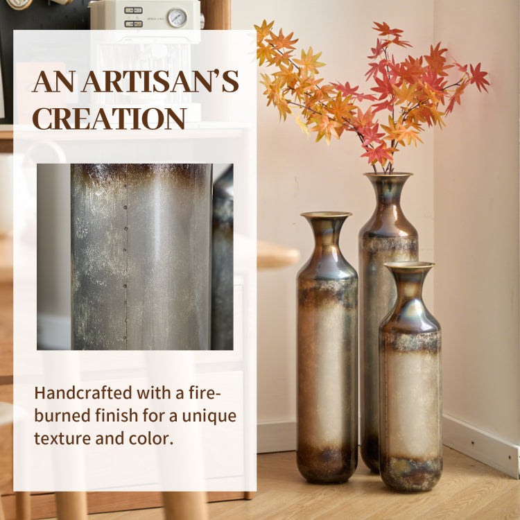 Hand Forged Metal Vases Set Of 3, Burnt Finish Rustic Floor Vases For Home Decor, 28.34 24.4 20.4 Inch Tall Flower Vases For Farmhouse Industrial Living Room