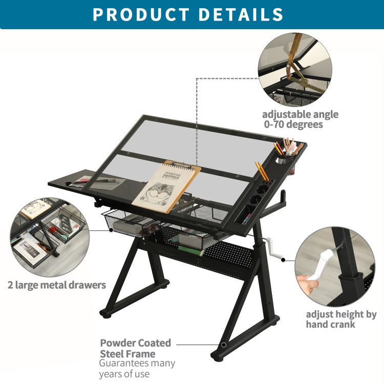 Hand Crank Adjustable Tempered Glass Drafting Drawing And Printing Table With Chair And Storage Space For Living Room, Study, Bedroom