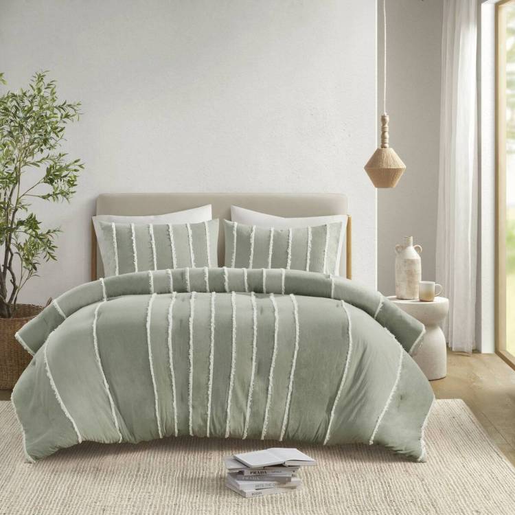 3 Piece Striped Cotton Comforter Set Sage Full Queen