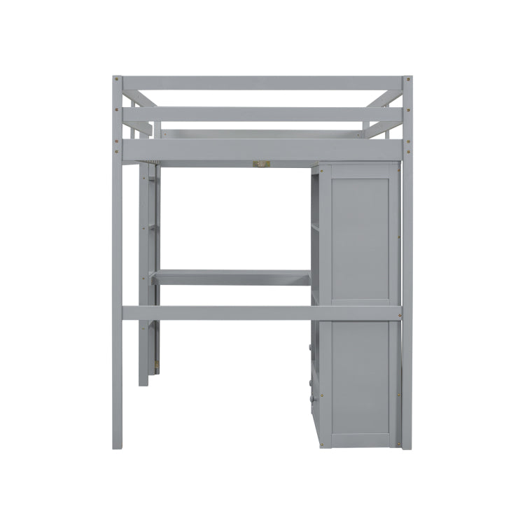 Full Size Loft Wood Bed With Desk, Storage Shelves And Drawers, Built In Ladder, High Loft Bed With Desk, Storage Shelves And Drawers,Guardrails,Grey