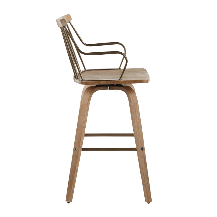 Counter Stool In White Washed Wood And Antique Copper Metal