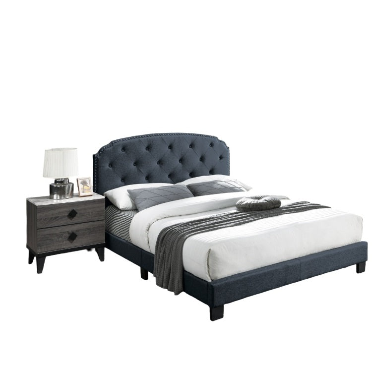 Full Size 1Pc Bed Nailhead Trim Button Tufted Burlap Fabric Charcoal Finish Bedroom Furniture