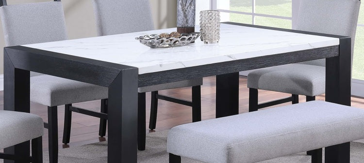 Elegant White Faux Marble Top 1Pc Table Charcoal Legs Wooden Dining Table Modern Sleek Two Tone Dining Table