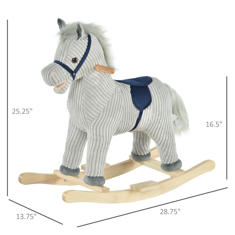 Qaba Kids Rocking Horse For Toddler 3 5, Plush Ride On Horse Wooden Rocker With Realistic Sounds, Gray
