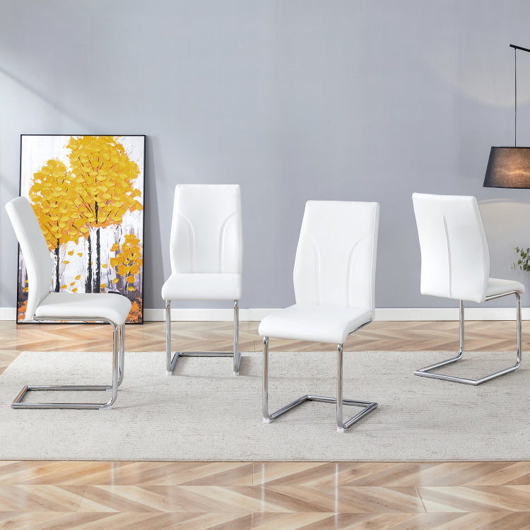 Set Of 4 Dining Chairs, White Dining Chair Set, Pu Material High Backrest Seats And Sturdy Leg Chairs, Suitable For Restaurants, Kitchens, Living Rooms