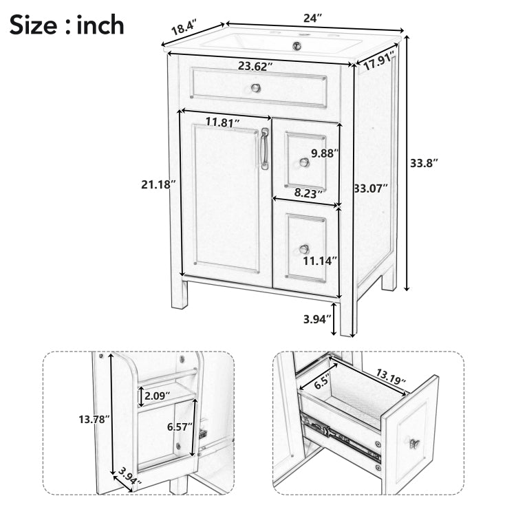 24 Inch Bathroom Vanity With Ceramic Sink, 1 Soft Close Door, 2 Soft Close Drawers, And Double Storage Racks On The Door