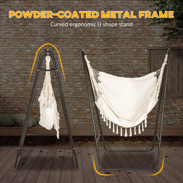 Outsunny Patio Hammock Chair With U Shape Stand, Outdoor Hammock Swing Hanging Lounge Chair With Side Pocket, Brown Cream White