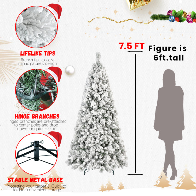 6Ft Flocked Christmas Tree With 752 Tips Snowy Pvc & Hard Needle Branches, Hinged Structure For Easy Setup, Stable Metal Stand Realistic Full Body Holiday Tree