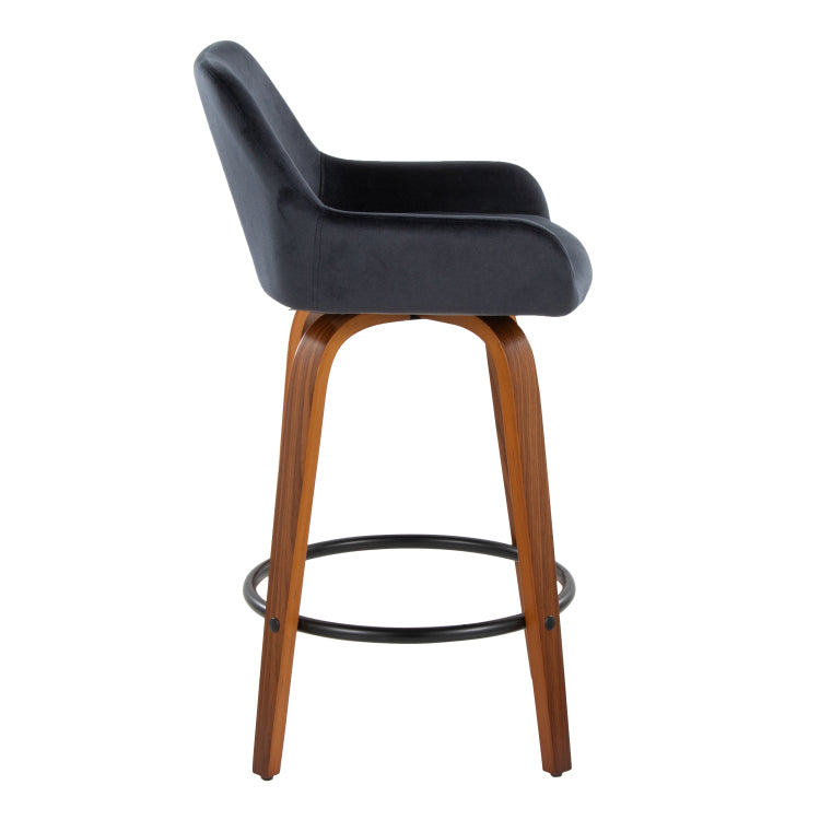 26" Contemporary Fixed Height Counter Stool With Swivel In Walnut Wood And Black Velvet With Round Black Metal Footrest Set Of 2