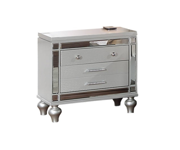 Classic Luxury Look Silver 1Pc Nightstand Wooden Bedside Table Drawers W Mirror Glass Panel Bedroom Furniture