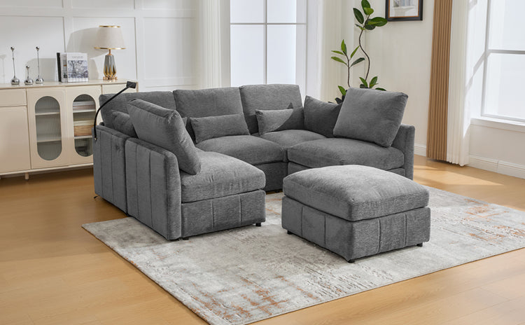 Modern Sectional Sofa Modular Sofa 85.4" U Shaped Sofa Couch Sofa Bed L Shaped Sofa With A Movable Ottoman And Two Usb Ports And A Phone Holder For Living Room, Grey