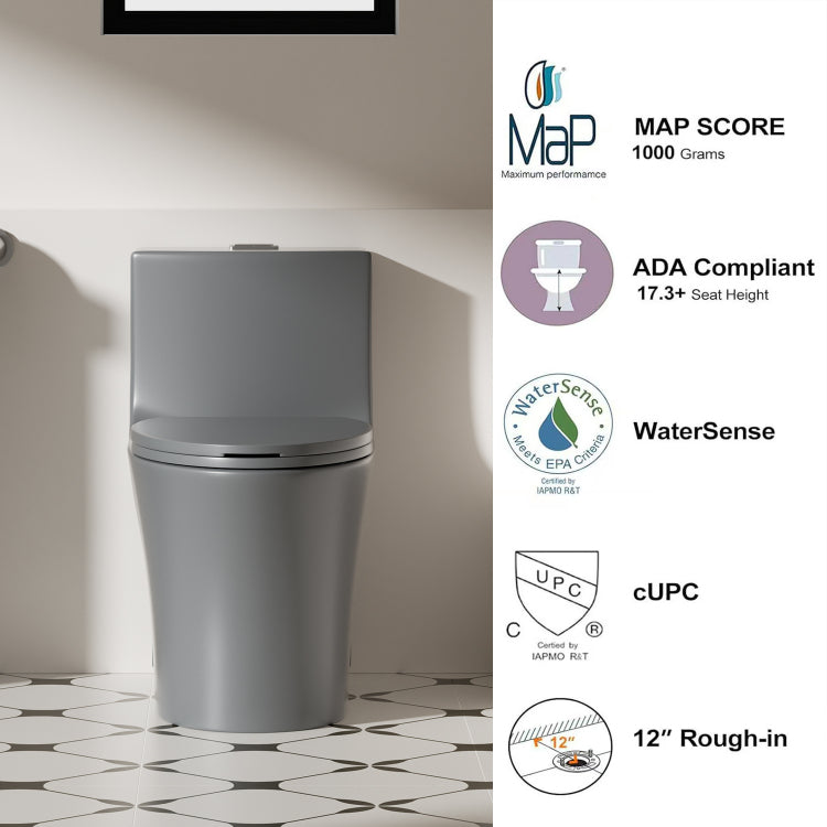 1.1 1.6 Gpf Tornado Flush One Piece Toilet Elongated, Siphonic S Trap 12",Soft Closing Seat, Button On Tank Top ,Powerful Dual Flush Map 1000G, Comfort Chair Seat Ada Height 17", Light Gray Lg 002