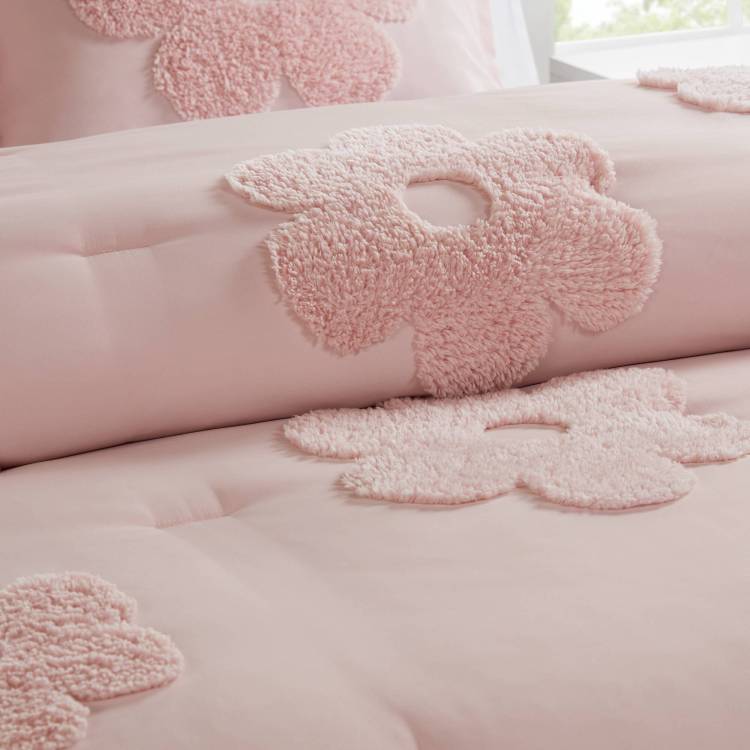 3 Piece Twin Floral Reversible Tufted Chenille Comforter Set With Flower Throw Pillow,Pink