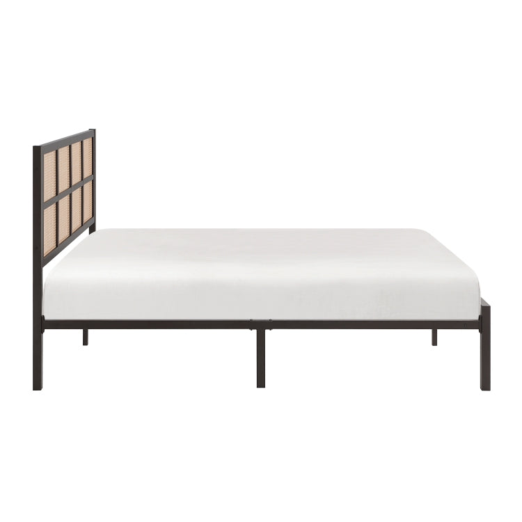 1Pc Queen Platform Bed, Metal Frame Dark Bronze Finish Faux Cane Panel Headboard Casual Coastal Bedroom Furniture, Bed In A Box