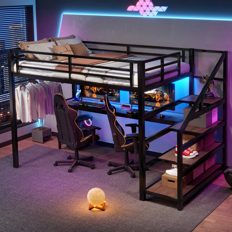 Full Loft Bed With Desk And Storage Stairs, Metal Loft Beds With Led Lights, Usb Ports, Multifunctional Iron Nets, No Spring Box Needed And Noise Free, Black