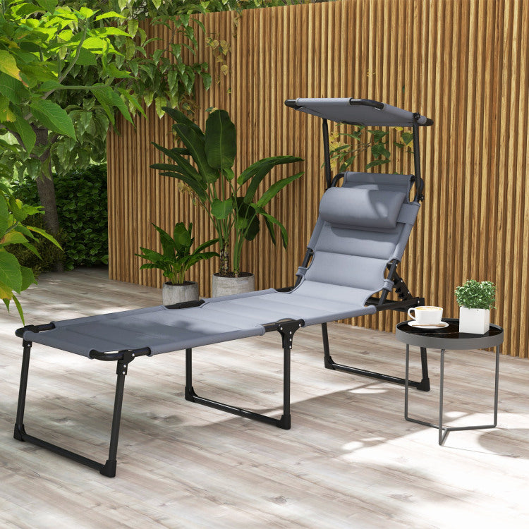 Outsunny Outdoor Lounge Chair, Adjustable Backrest Folding Chaise Lounge, Cushioned Tanning Chair W Sunshade Roof & Pillow Headrest For Beach, Camping, Hiking, Gray