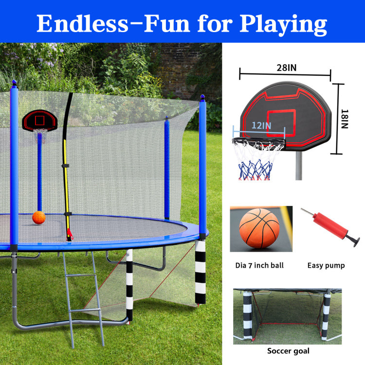 16Ft Trampoline With Basketball Hoop Pump And Ladder Inner Safety Enclosure With Soccer Goal Blue