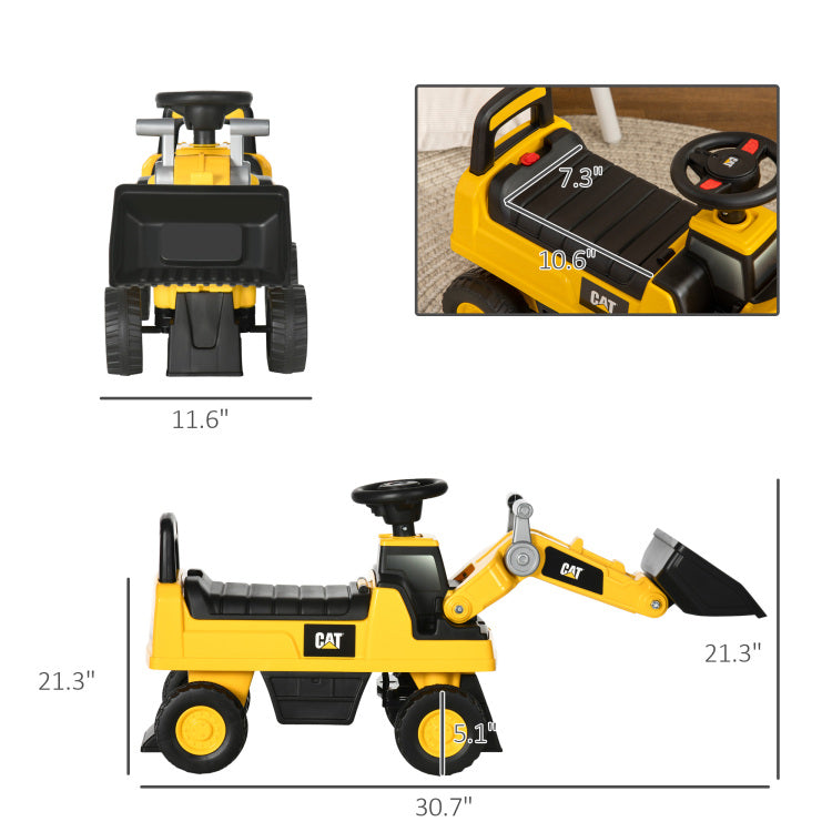 Aosom Ride On Excavator For Kids, Caterpillar Cat Licensed Ride On Digger Construction Vehicles With Manual Shovel, Horn, Hidden Storage, Foot To Floor No Power Kids Ride On Car For 1.5 3 Years