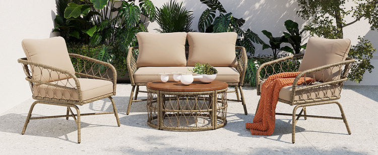 Bohemia Inspired 4 Person Outdoor Seating Group With Removable Cushions, Conversation Patio Set With Wood Tabletop, Beige