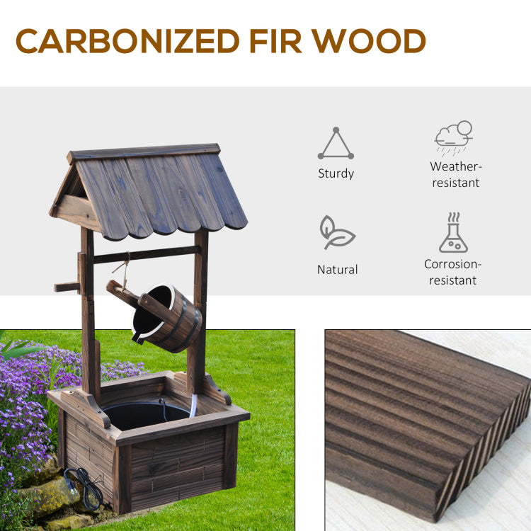 Outsunny Outdoor Wooden Wishing Well Fountain With Adjustable Water Flow Rate, Outdoor Rustic Waterfall Fountain With Electric Pump, Water Bucket, For Backyard Patio Garden Lawn, Carbonized Finish