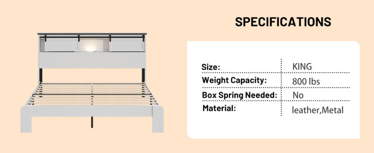 King Size Bed, Metal Bed Frame With Charging Station, No Need For Box Spring, White , No Noise, Easy To Assemble