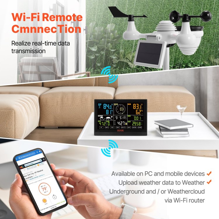 7 In 1 Wi Fi Weather Station, 7.5 In Color Display, Home Weather Station Indoor Outdoor, With Solar Wireless Outdoor Sensor Alarm Alerts, For Temperature Humidity Wind Speed Direction Rain