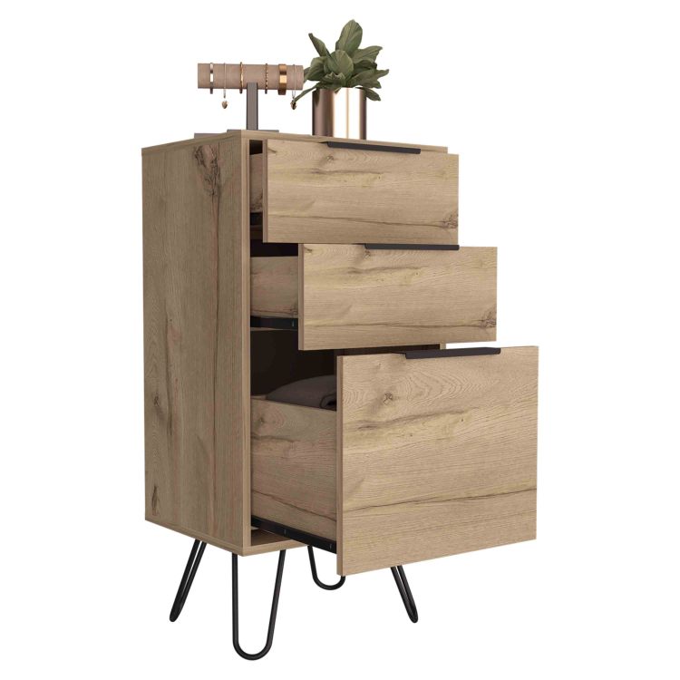 Augusta Light Dresser, Hairpin Legs, Superior Top,Three Drawers Light Oak