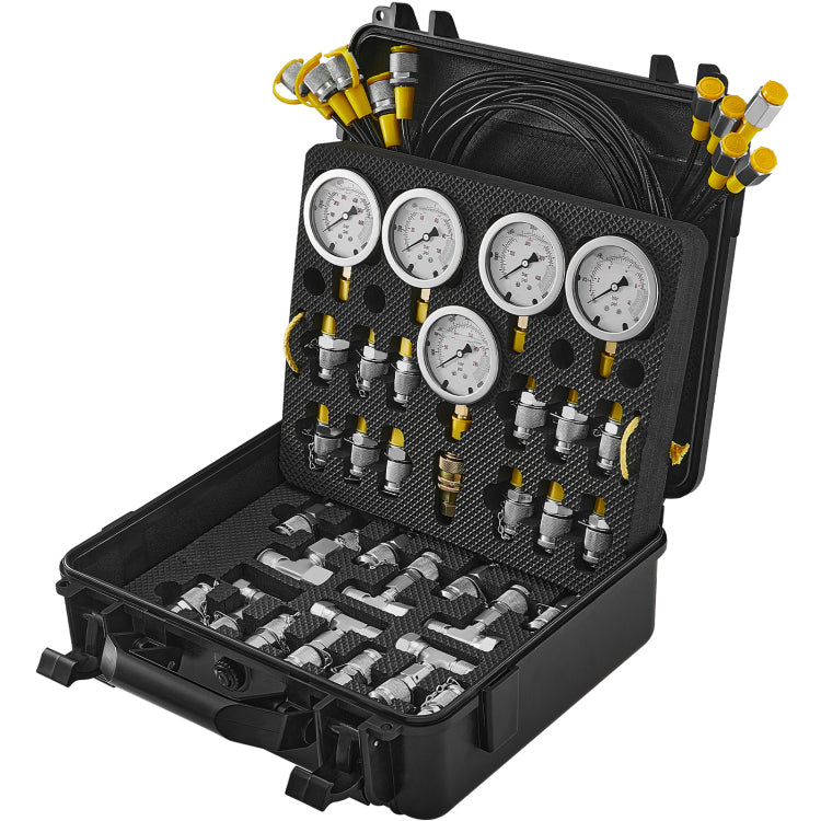 Hydraulic Pressure Test Kit, 10 100 250 400 600Bar, 5 Gauges 13 Couplings 14 Tee Connectors 5 Test Hoses, Excavator Hydraulic Test Gauge Set With Carrying Case For Excavator Tractors Machinery