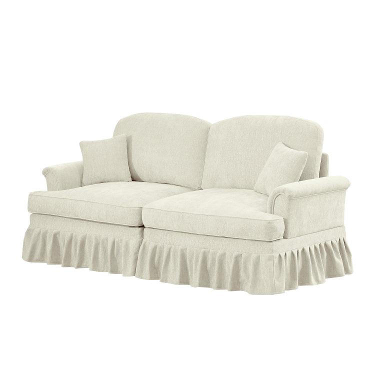 Elegant Mid Century Oversized Large Two Seater Sofa Couch With Flared Arms And Removable Ruffles Pleats Skirts And Spindle Legs, Comfy Chenille Two Seat Love Seat Sofa For Living Room, Beige White